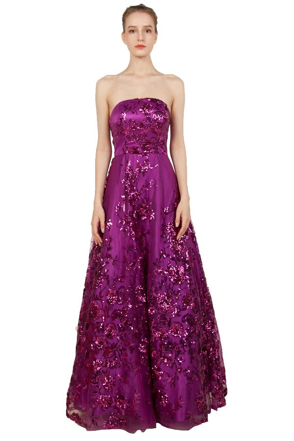 Fushia strapless formal or evening dress with lace sequin overlay by Miss Anne.